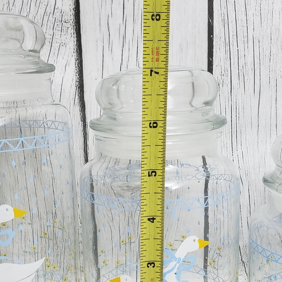 Vtg Country Geese Blue Ribbon Bow Glass Jar Canister w/Lid Set of 3 - Picture 5 of 9